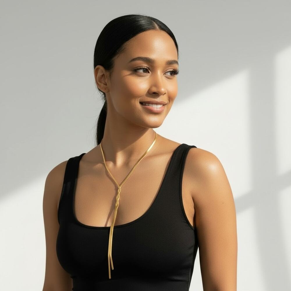 Gold Flat Snake Chain Lariat Necklace